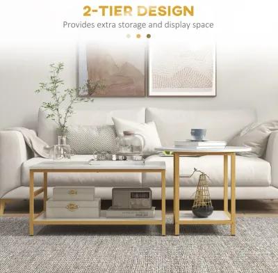 White Living Room Set: Coffee Tables with Faux Marble Top & Storage