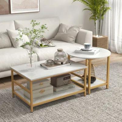 White Living Room Set: Coffee Tables with Faux Marble Top & Storage