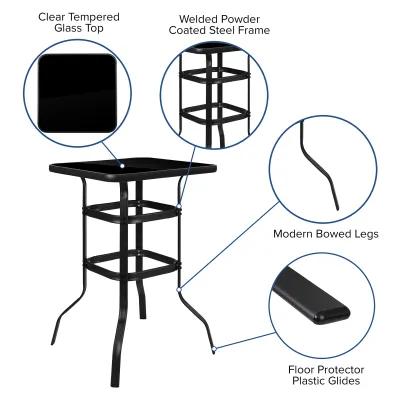 Flash Furniture Brazos Bar Table Set - 3 Piece Glass Brazos Bar Table with 2 Gray Patio Bar Stools - Brazos Outdoor Chairs