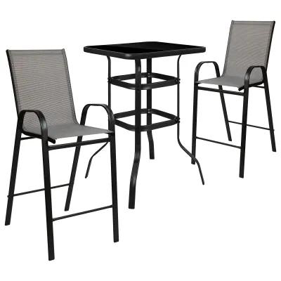 Flash Furniture Brazos Bar Table Set - 3 Piece Glass Brazos Bar Table with 2 Gray Patio Bar Stools - Brazos Outdoor Chairs