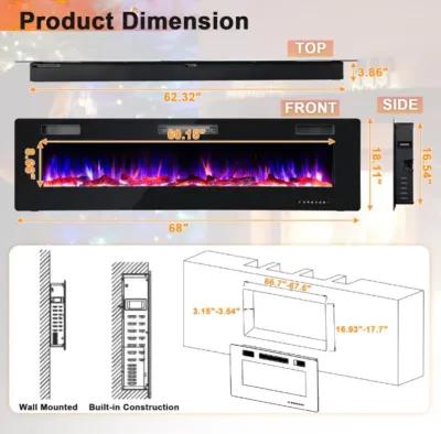 Hivvago 68 Inch Ultra-Thin Electric Fireplace Recessed Wall Mounted with Crystal Log Decoration