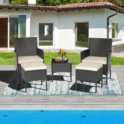 5 Pieces Outdoor Wicker Sofa Set with Coffee Table and 2 Ottomans