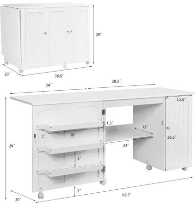 Folding Sewing Table Shelves Storage Cabinet Craft Cart with Wheels