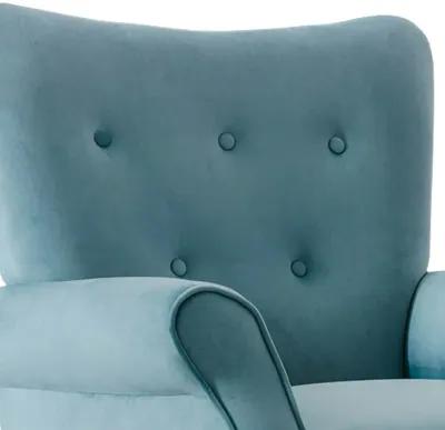 Cilic 32 Inch Accent Chair, Button Tufted Back, Rolled Arms, Blue Fabric-Benzara