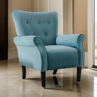 Cilic 32 Inch Accent Chair, Button Tufted Back, Rolled Arms, Blue Fabric-Benzara