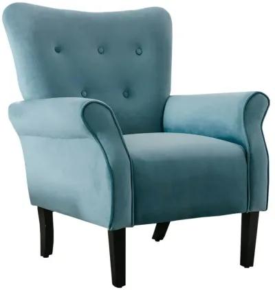 Cilic 32 Inch Accent Chair, Button Tufted Back, Rolled Arms, Blue Fabric-Benzara