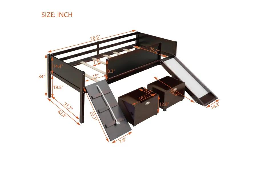 Twin size Loft Bed Wood Bed with Two Storage Boxes