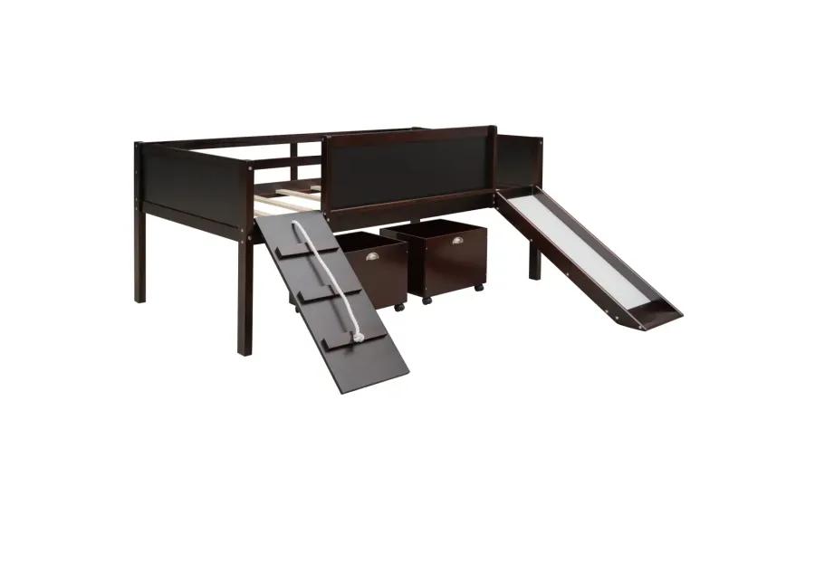 Twin size Loft Bed Wood Bed with Two Storage Boxes