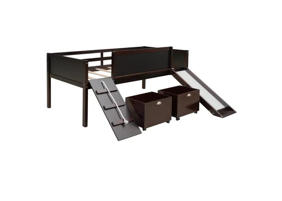 Twin size Loft Bed Wood Bed with Two Storage Boxes