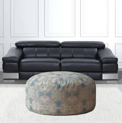 Homezia 24" Blue And Grey Flax Round Ikat Pouf Ottoman