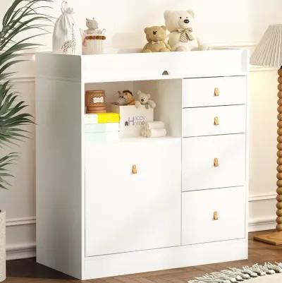 White 5-Drawers 33.5 in. Width Dresser, Kids Low Dresser, Changing Table with Shelf