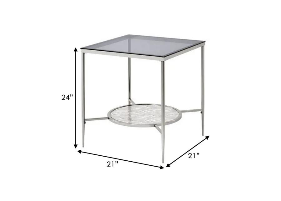 End Table with Textured Round Shelf, Silver-Benzara