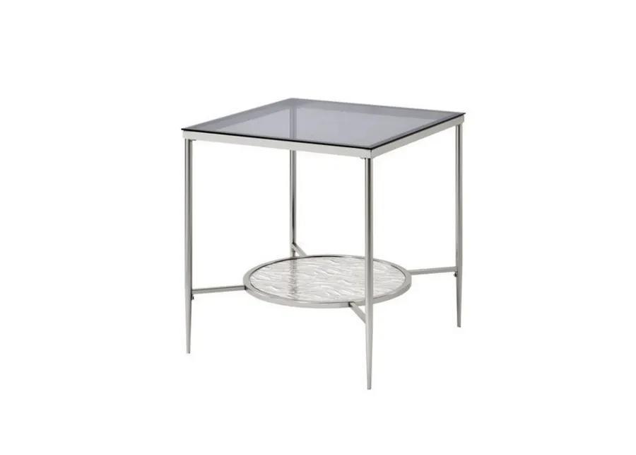 End Table with Textured Round Shelf, Silver-Benzara