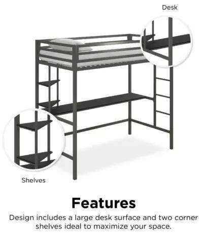 Maxwell Metal Loft Bed with Desk & Shelves