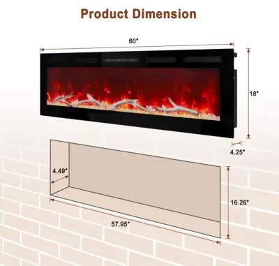 MONDAWE 60" Wall-Mounted Recessed Electric Fireplace 4780 BTU Heater with Remote Control Adjustable Flame Color & Temperature Setting