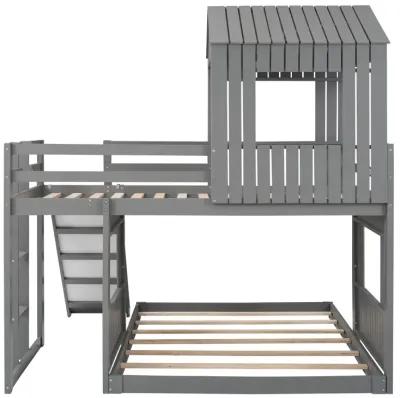 Wooden Twin Over Full Bunk Bed, Loft Bed With Playhouse, Farmhouse, Ladder, Slide And Guardrail