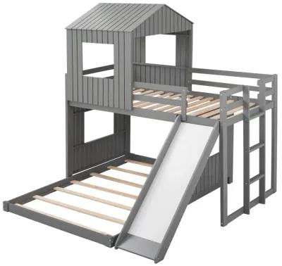 Wooden Twin Over Full Bunk Bed, Loft Bed With Playhouse, Farmhouse, Ladder, Slide And Guardrail