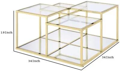 Coffee Table with Glass Top and Tubular Frame, Gold-Benzara