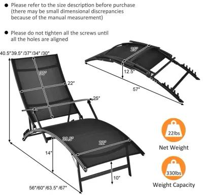 2 Pieces Patio Folding Stackable Lounge Chair Chaise with Armrest-Black