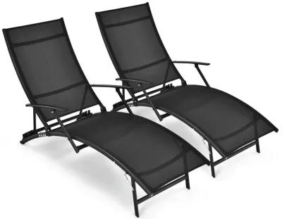 2 Pieces Patio Folding Stackable Lounge Chair Chaise with Armrest-Black