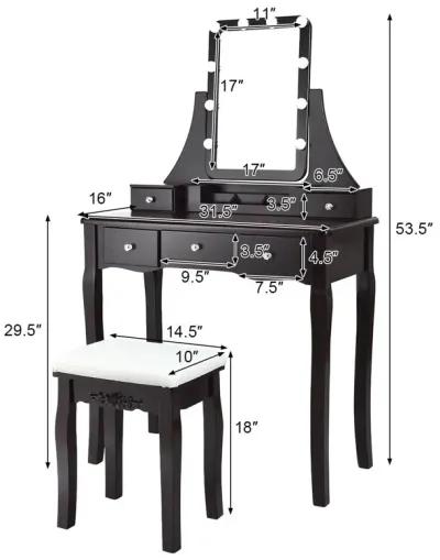 10 Dimmable Light Bulbs Vanity Dressing Table with 2 Dividers and Cushioned Stool