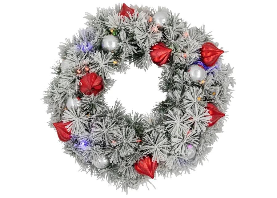 Pre-Lit Snowy Bristle Pine Christmas Wreath  24-Inch  Warm White and Multi LED Lights