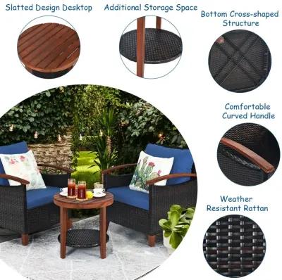 3 Pieces Patio Rattan Furniture Set with Washable Cushion and Acacia Wood Tabletop