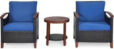 3 Pieces Patio Rattan Furniture Set with Washable Cushion and Acacia Wood Tabletop