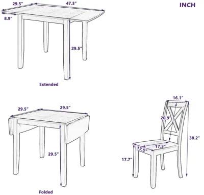 MONDAWE 3-Piece Wood Drop Leaf Breakfast Nook Dining Table Set with 2 X-back Chairs for Small Places,Dining Room,Kitchen