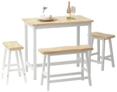 4-Person Wood Dining Set with Bench & Stools