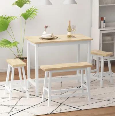 4-Person Wood Dining Set with Bench & Stools