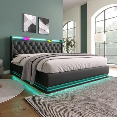 Merax PU Upholstered Bed with Storage and LED