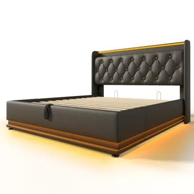 Merax PU Upholstered Bed with Storage and LED