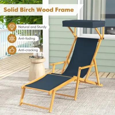 Hivvago Birch Wood Chaise Lounge Chair Foldable Beach Chair with Adjustable Canopy