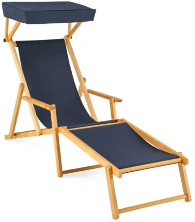 Hivvago Birch Wood Chaise Lounge Chair Foldable Beach Chair with Adjustable Canopy