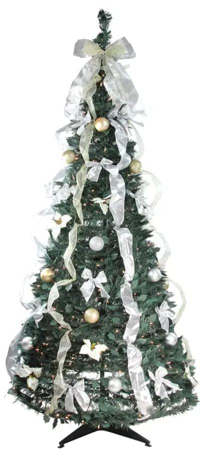 6' Pre-Lit Silver and Gold Pre-Decorated Pop-Up Artificial Christmas Tree  Clear Lights