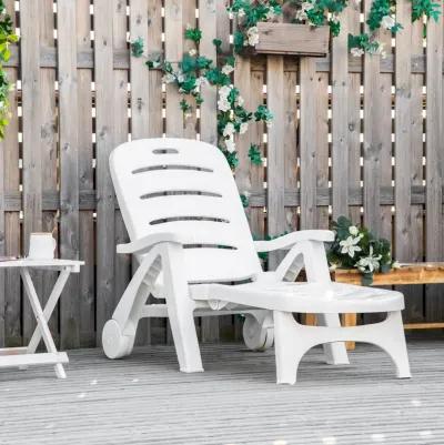 White Outdoor Recliner: 5-Position Folding Chaise Lounge with Wheels