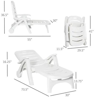 White Outdoor Recliner: 5-Position Folding Chaise Lounge with Wheels