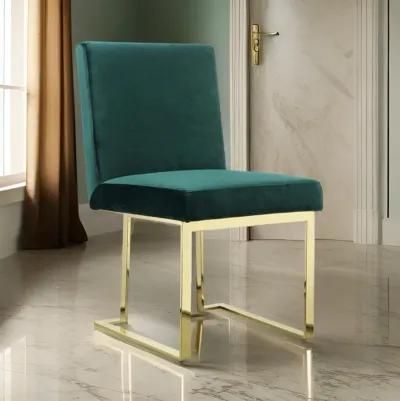 Boly 24 Inch Side Dining Chair Set of 2, Green Velvet, Gold Cantilever - Benzara