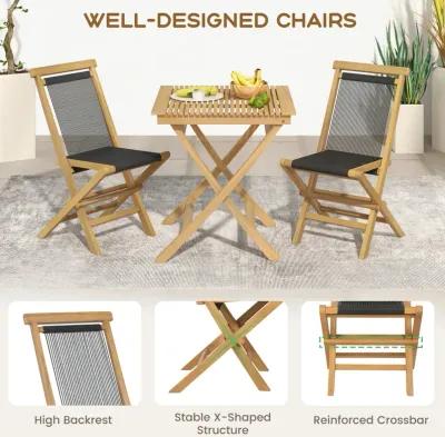 2 Piece Indonesia Teak Patio Folding Chairs with Woven Rope Seat and Back for Porch Backyard Poolside