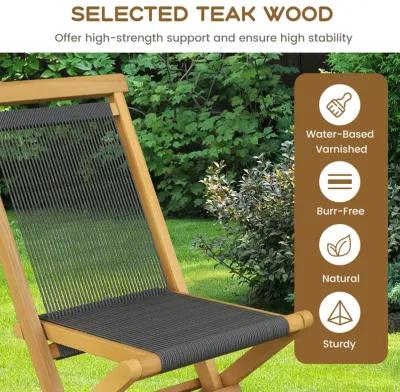 2 Piece Indonesia Teak Patio Folding Chairs with Woven Rope Seat and Back for Porch Backyard Poolside