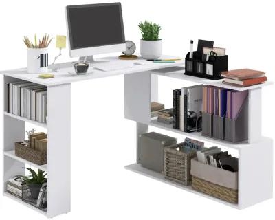 HOMCOM L Shaped Corner Desk, 360 Degree Rotating Home Office Desk with Storage Shelves, Writing Table Workstation, White