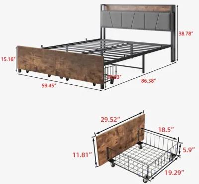 Vintage Brown Queen Size Bed Frame with Storage and Charging Station