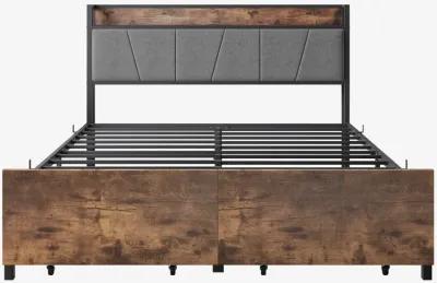 Vintage Brown Queen Size Bed Frame with Storage and Charging Station