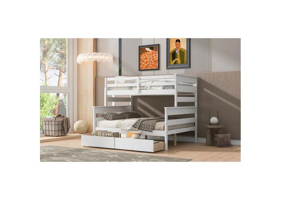 Wood Twin Over Full Bunk Bed With 2 Drawers, White