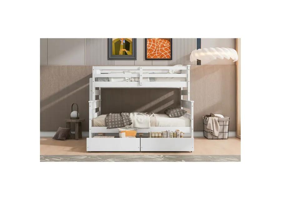 Wood Twin Over Full Bunk Bed With 2 Drawers, White