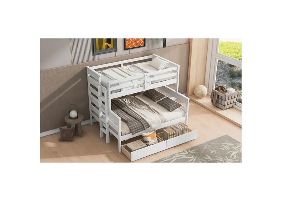 Wood Twin Over Full Bunk Bed With 2 Drawers, White