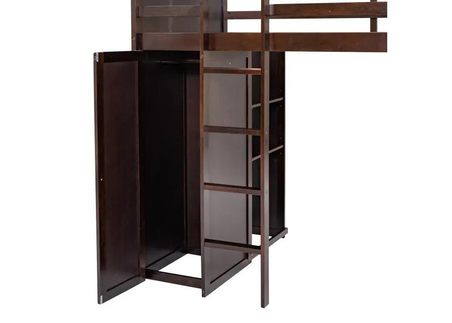 Merax Loft Bed with Storage Shelves and Wardrobe