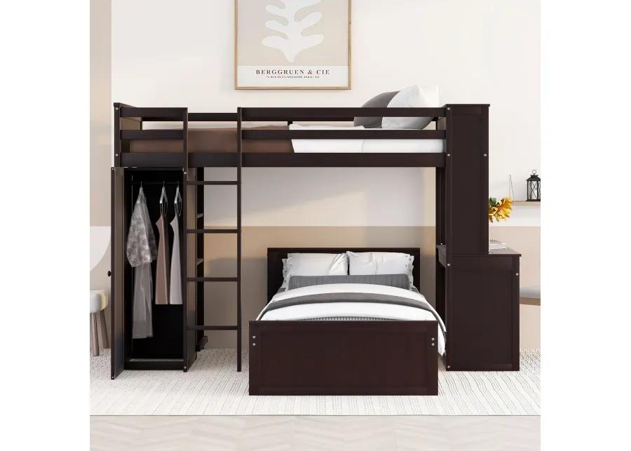 Merax Loft Bed with Storage Shelves and Wardrobe