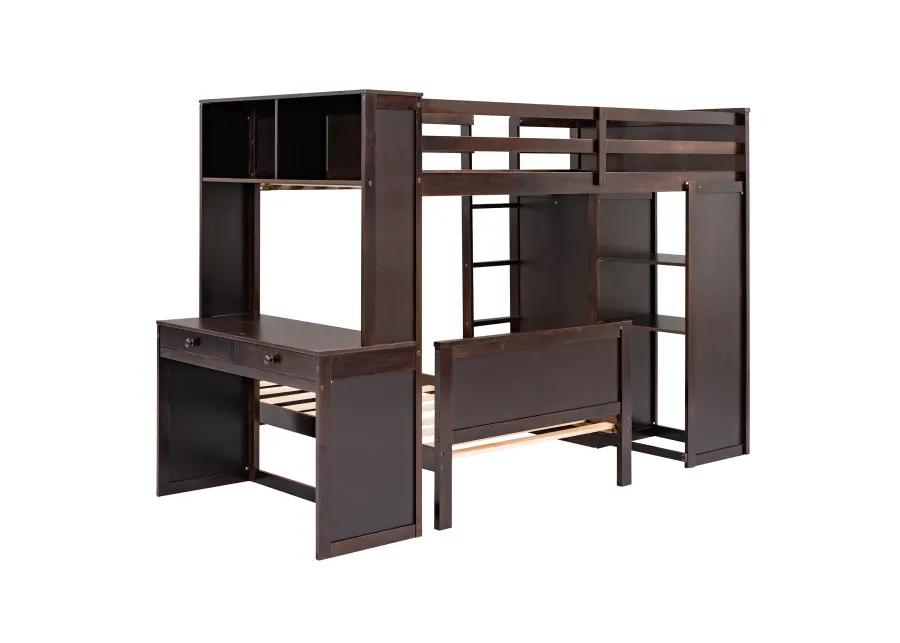 Merax Loft Bed with Storage Shelves and Wardrobe